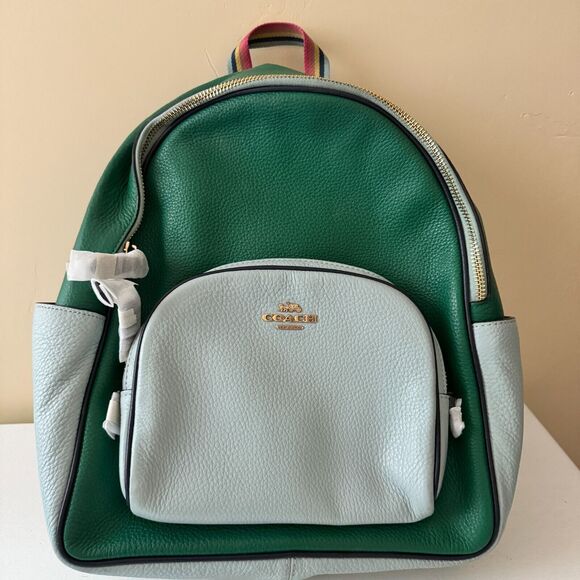 Coach (C2797) Court Light Teal Multi Colorblock Medium Pebbled Leather Backpack - Picture 2 of 12